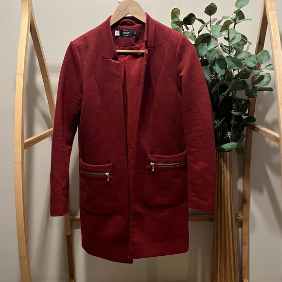 Only Red Low Collar Midi Coat - Picture 1 of 4